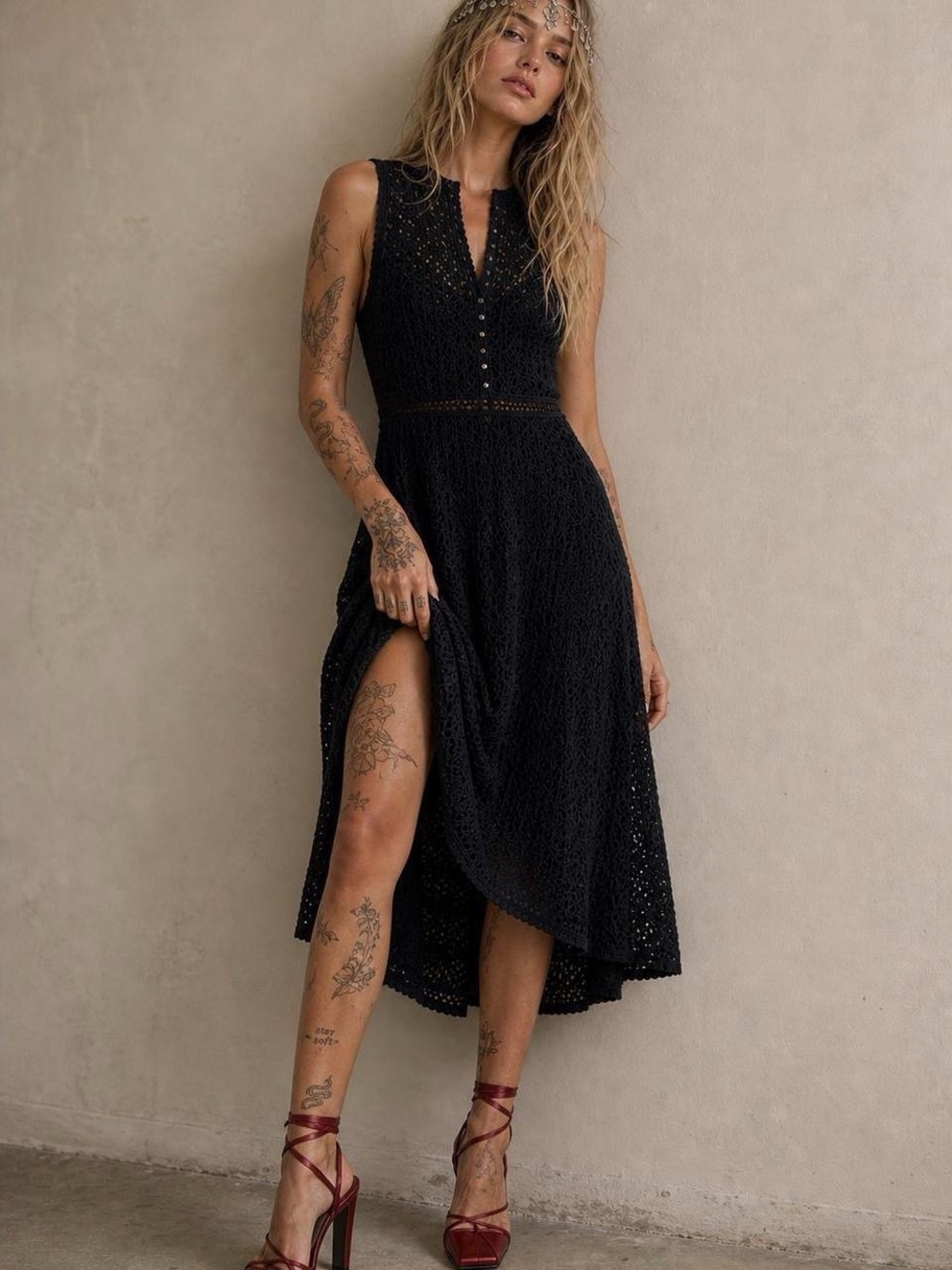 Black crochet midi dress a line fit n flare sz small